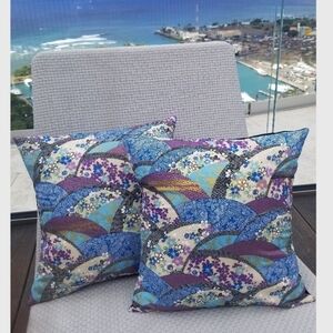 Handmade 18x18 Elegant Japanese Print Blue and Purple Accent Pillow Cases Home
